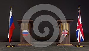 Russia and United Kingdom. Russia and United Kingdom flag. Russia and United Kingdom negotiations. Rostrum for speeches. 3D work