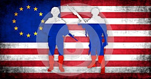 Russia, United States and Europe union background. RU and USA relations. Russian soldiers against American flag