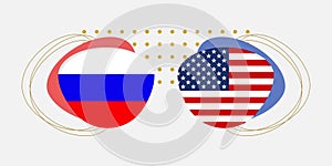 Russia and USA flags. American and Russian national symbols with abstract background and geometric shapes.