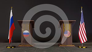 Russia and USA flags. Russia and USA flag. Russia and USA negotiations. Rostrum for speeches. 3D work and 3D image