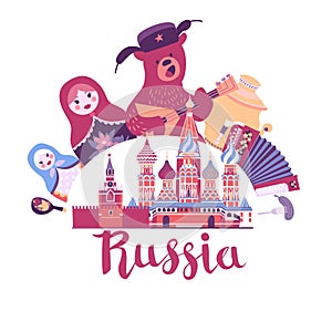 Russia vector illustration. Bear with balalaika, matryoshkas and samovar sticker art.