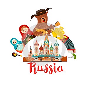 Russia vector illustration. Bear with balalaika. Russian symbol cartoon