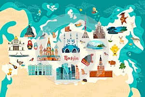 Russia vector map, hand drawn colorful illustration. Russian symbol