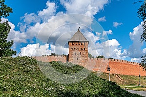 Russia, Veliky Novgorod, August 2021. View of the large watchtower of the city Kremlin.