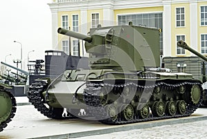 RUSSIA, VERKHNYAYA PYSHMA - FEBRUARY 12. 2018: Soviet heavy assault tank KV-2 in the museum of military equipment