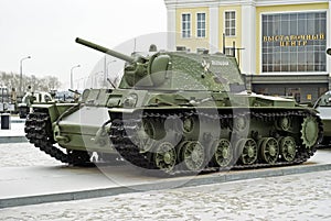 RUSSIA, VERKHNYAYA PYSHMA - FEBRUARY 12. 2018: Soviet heavy tank KV-1 in the museum of military equipment