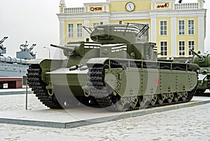 RUSSIA, VERKHNYAYA PYSHMA - FEBRUARY 12. 2018: Soviet multi-turreted heavy tank T-35 in the museum of military equipment