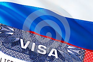 Russia Visa Document, with Russia flag in background. Russia flag with Close up text VISA on USA visa stamp in passport,3D