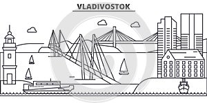 Russia, Vladivostok architecture line skyline illustration. Linear vector cityscape with famous landmarks, city sights