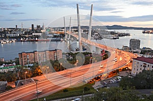 Russia, Vladivostok bridge across the Golden horn on an autumn evening