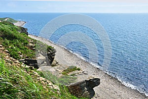 Russia, Vladivostok, Rocks in the bay of Akhlestyshev on Russkiy island  in summer day