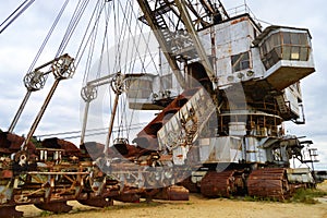 Russia, Voskresensk, August 29, 2020. Absetzer: a giant excavator.Multi-bucket iron chain excavator Takraf Ers 710, for sand