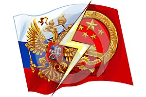 Russia VS China on the background of national flags.