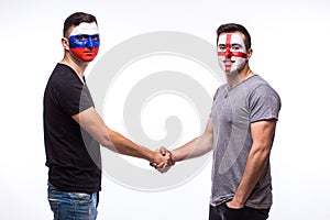 Russia vs England friendly handshake of equal game on white background.