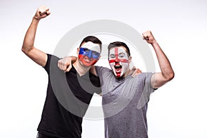 Russia vs England on white background. Football fans of national teams celebrate, dance and scream