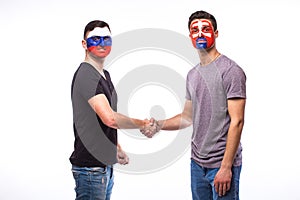 Russia vs Slovakia handshake equal game on white background.