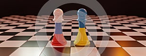 Russia vs Ukraine, crisis. War threat, conflict. Flag on chess piece on chessboard. 3d render