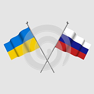 Russia vs Ukraine. Stop the war in Ukraine. Russian flag and Ukrainian national flag icon on light grey background