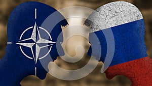 Russia vs versus Nato. Two angry faces with the flag of the country.