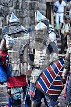 Festival of historical reconstruction. Knight`s Castle. Knights in medieval armor