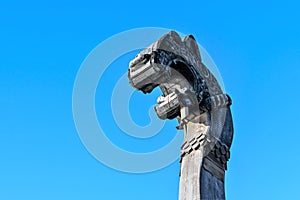 Russia, Vyborg, November 2020. The bow decoration of the Viking ship in the form of a dragon`s head.