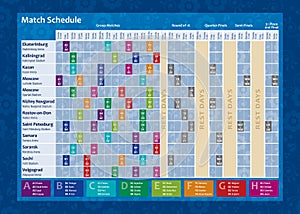 Russia 2018 world cup calendar. Complete chronogram with the date of each soccer match and the name of the city and the stadium. photo