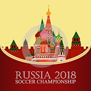 Russia 2018 World cup. Football banner. Vector flat illustration. Sport. Image of St. Basil`s Cathedral