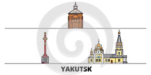 Russia, Yakutsk flat landmarks vector illustration. Russia, Yakutsk line city with famous travel sights, skyline, design