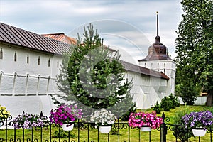 Russia, Yaroslavl, July 2020. Garden at the outer wall of the old monastery.