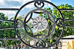 Russia, Yaroslavl, July 2020. Fragment of an iron fence on the embankment.