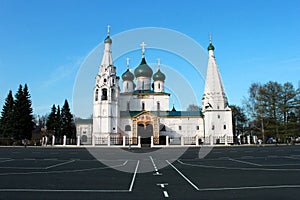 Russia. Yaroslavl. UNESCO zone. White Ilya Prophet church on blue sky background. Horizontal view.