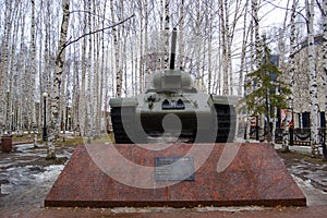 5.04.2012 Russia, YUGRA, Khanty-Mansiysk, Khanty-Mansiysk, the T-34 Tank on the pedestal installed in the `memory Park`. The monum