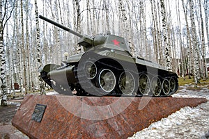 5.04.2012 Russia, YUGRA, Khanty-Mansiysk, Khanty-Mansiysk, the T-34 Tank on the pedestal installed in the `memory Park`. The monum