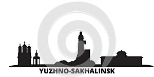 Russia, Yuzhno Sakhalinsk city skyline isolated vector illustration. Russia, Yuzhno Sakhalinsk travel black cityscape