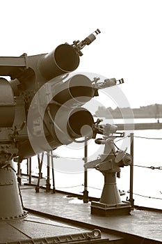 Russian anti-submarine and anti-torpedo rocket launcher RBU-1000 Smerch-3 in black and white
