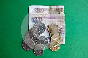 Russian banknotes and coins rubles. Background made of money