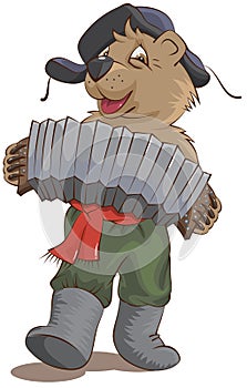 Russian bear in a cap with earflaps plays the harmonica