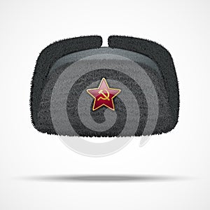 Russian black winter fur hat ushanka with red star photo