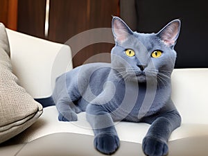 Russian blue gray cat lying on a white sofa in a cozy living room