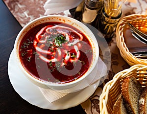 Russian borsch red soup with meat and sour cream