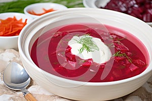 russian borscht in a white ceramic bowl with a dollop of cream