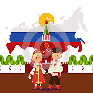 Russian boy and girl in traditional costumes, vector illustration. Presentation of Russia, smiling cartoon characters