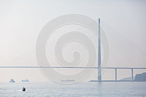 Russian bridge in Vladivostok is shrouded in thick fog