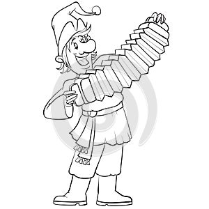 Russian buffoon plays the accordion at the fair drawn in outline, isolated object on a white background, vector