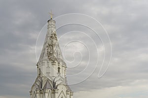 Russian Christian Orthodox church with domes and a cross against the sky. Russian Orthodoxy and Christian Faith concept.