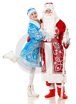 Russian Christmas characters Ded Moroz, Father Frost, and Snegurochka. Snow Maiden. Isolated