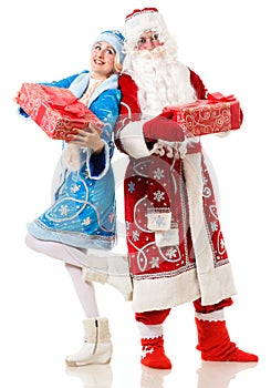 Russian Christmas characters Ded Moroz, Father Frost, and Snegurochka. Snow Maiden. Isolated