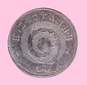Russian coin 1 ruble 1949 CCCP isolated on pink photo