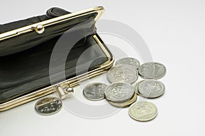 Russian coins with an empty wallet. Poverty, misery concept