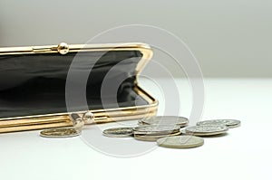 Russian coins next to an empty wallet. Finance, poverty concept